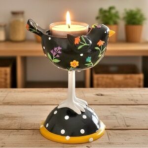 Yankee Candle Noelle Dahlen Black Bird Floral Candle Holder Polka Dot Folk Art